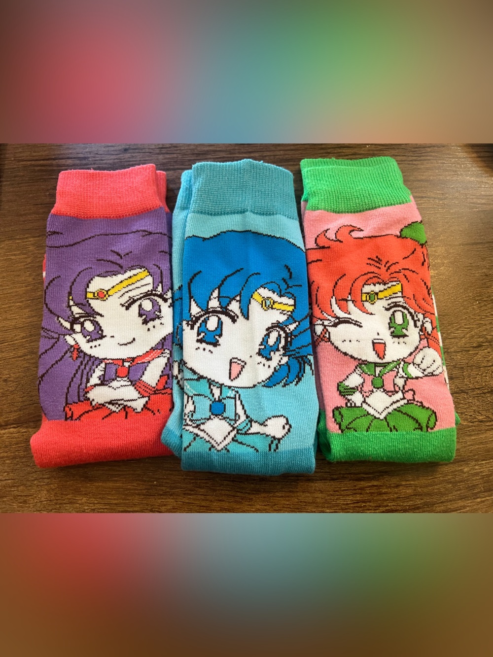 Anime Character Crew Socks - Purple, Blue, Pink